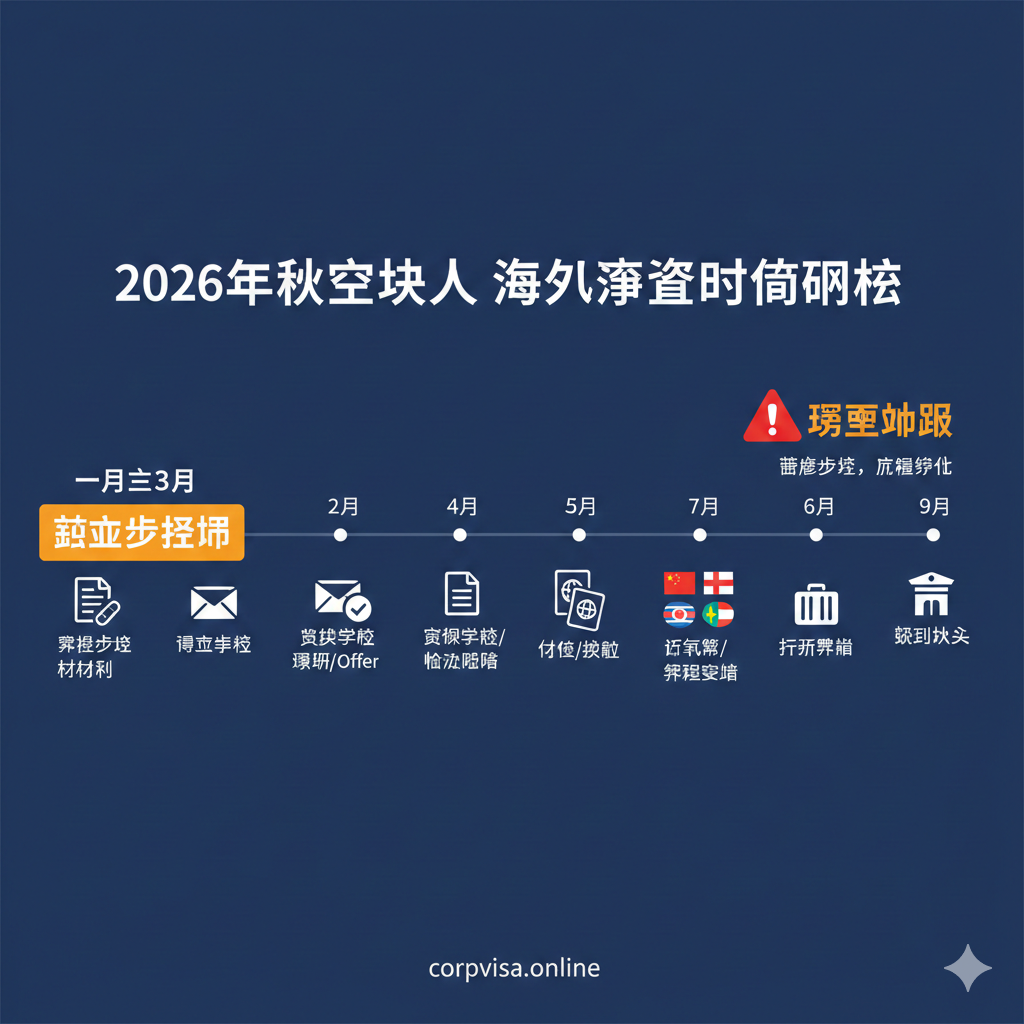 现代扁平化风格的时间轴信息图，清晰展示2026年秋季入学的关键节点。时间轴从1月延伸至9月，重点高亮'1月-3月'为'黄金申请期'（使用醒目的橙色或金色）。图标包含申请文档、Offer信封、签证印章、飞机起飞等元素。背景简洁干净，采用CorpVisa品牌的专业深蓝色作为主色调，辅以白色文字，旨在让用户一眼看清'紧急补录'的紧迫感和具体流程。