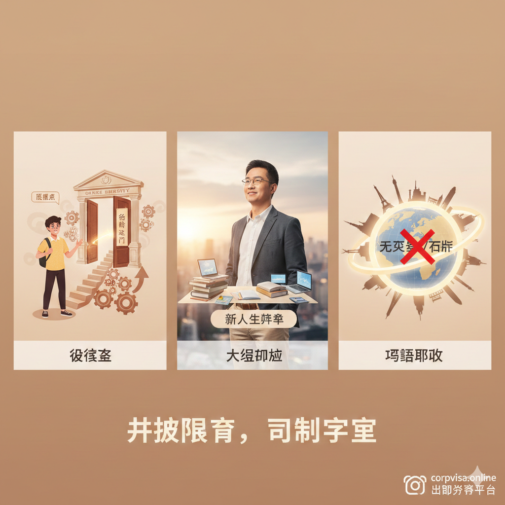 展现corpvisa.online为特殊背景人群提供定制化服务的优势图。画面分割为三个小场景，代表不同的用户群体：1. “逆袭之路”：一个学生背景（Low GPA标签）通过一条精心设计的“上升路径”进入名校大门。2. “大龄规划”：一个成熟职场人士（30+）看向远方新的人生路径。3. “语言突破”：一个地球仪被一个“无雅思/托福”的符号圈住。整体采用暖色调，表达对用户需求的理解和解决问题的专业能力，突出“打破限制，定制成功”的主题。