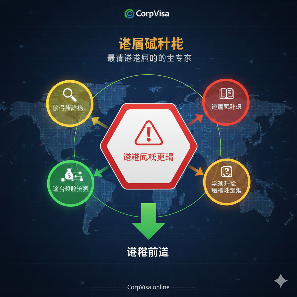 突出CorpVisa核心功能“签证风控”的图片。画面中央是一个流程图或一个醒目的警示牌，表示“签证风险预警（Visa Risk Alert）”。旁边有三个小图标或模块，分别代表文章中提到的“移民倾向分析”、“资金合规路径梳理”和“学习计划合理性评估”。色彩以红、黄、绿三色灯光或箭头指示，强调风险的识别与控制。风格应是数据可视化（Data Visualization）或专业的商业图表风格，体现其“最懂签证政策的留学专家”的专业度。