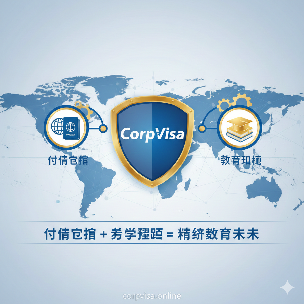 总结图应体现CorpVisa提供的“一体化方案”和专业性。画面中心是一个盾牌或徽章，上面写着CorpVisa的Logo。盾牌两侧是两个相互关联、带有齿轮或连接线的图标：左侧图标代表“身份配置”（地球仪、护照）；右侧图标代表“教育规划”（毕业帽、书本）。背景是一个融合了全球地图和中国地图的抽象网络，象征全球视野和回国升学的连接。画面底部有一行标语：“身份配置 + 升学辅导 = 精英教育未来”。整体风格专业、可靠，使用CorpVisa的品牌色（如蓝、白、金）来建立信任感。