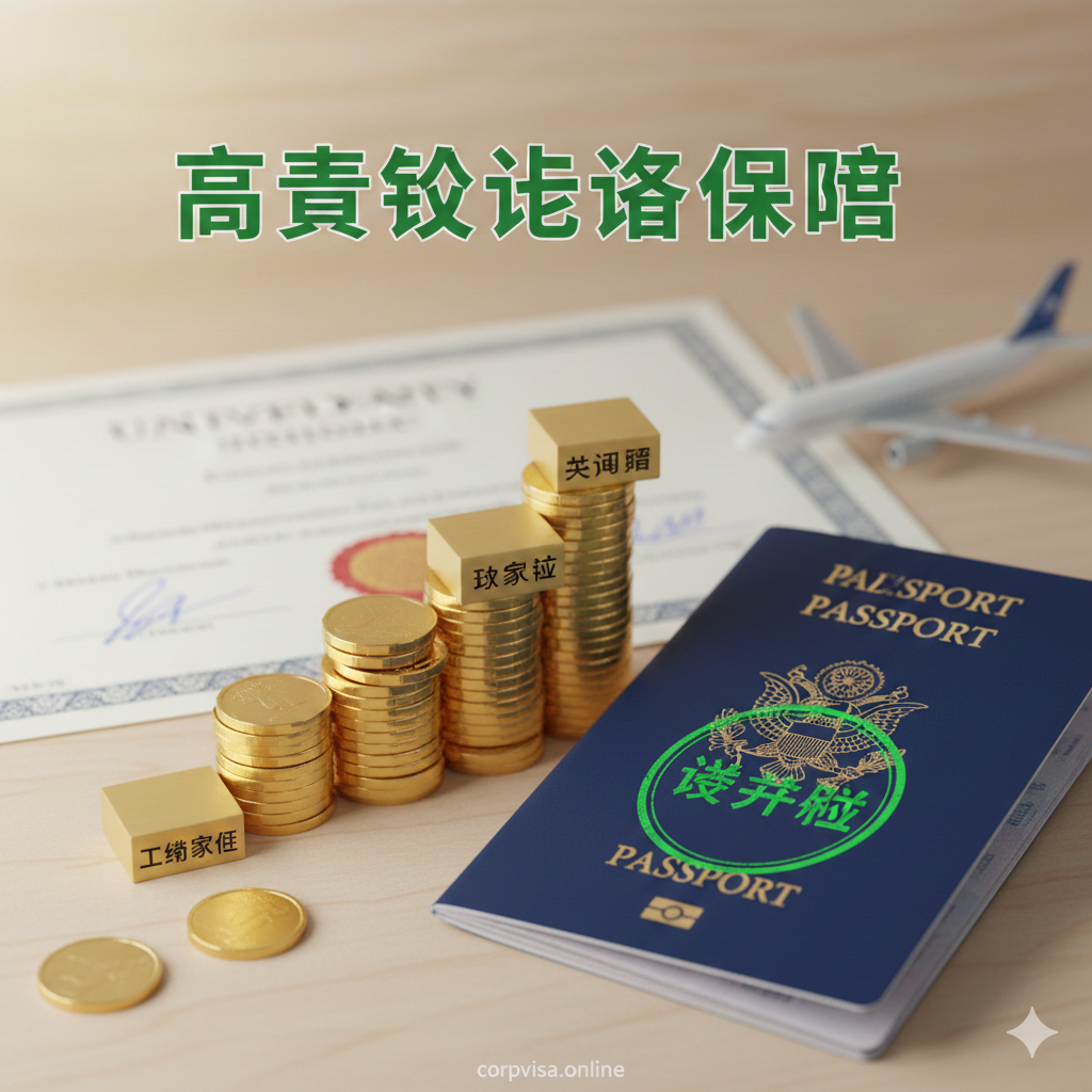 高质感微距摄影或3D渲染图，体现'性价比'与'签证保障'。画面前景是一本打开的护照，上面盖着清晰的'VISA GRANTED'（签证通过）绿色印章，象征CorpVisa的签证官视角优势。旁边摆放着金币堆叠出的阶梯形状，寓意工薪家庭也能承担的高性价比留学方案（如英国、澳洲、马来西亚）。光线柔和明亮，营造出信任、稳妥和物超所值的氛围。