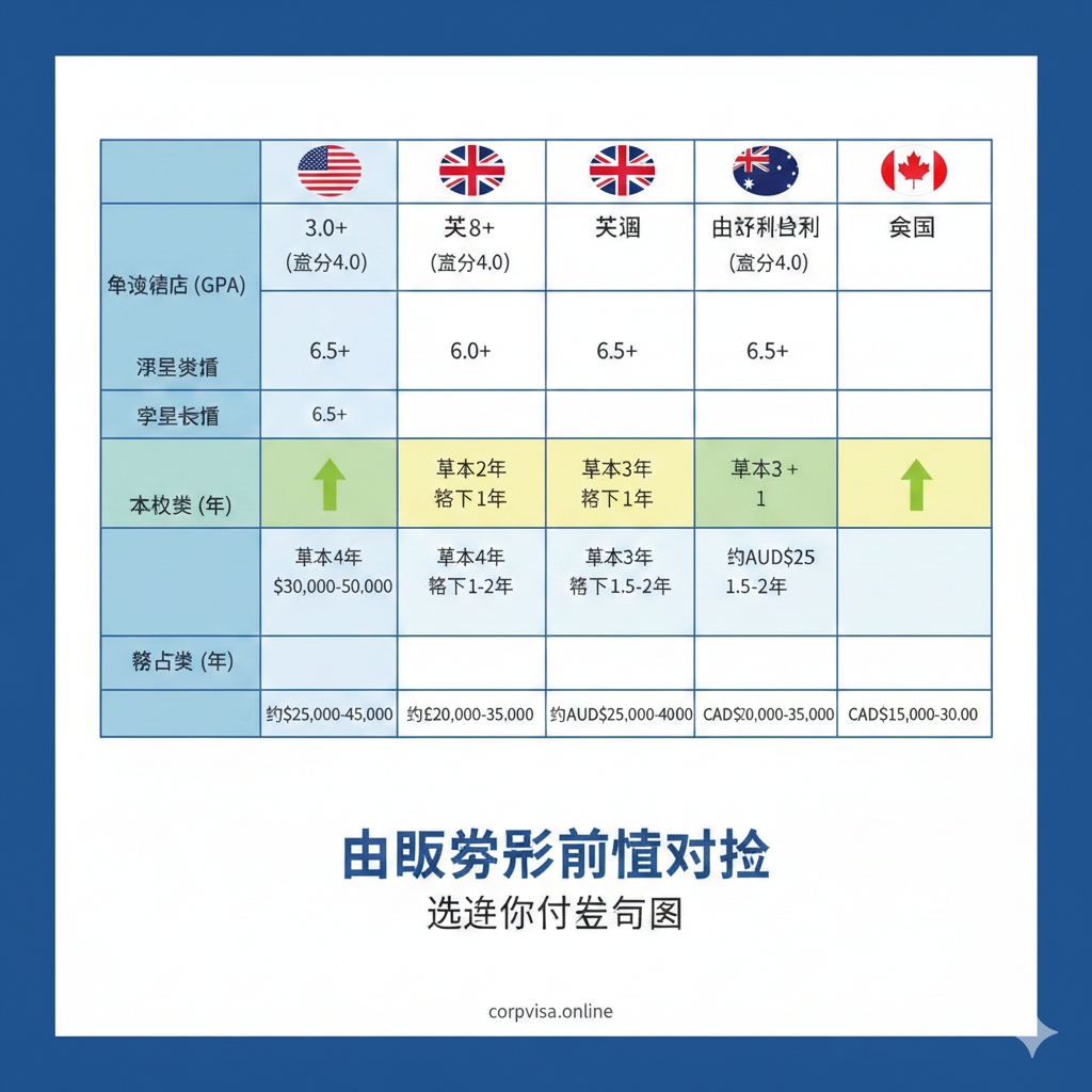 设计一张突出主要留学国家（美、英、澳、加）申请条件对比的优势图，与文章的对比表格相呼应。画面主体是一个大型的对比图表，用四个国家国旗的小图标作为列标题，清晰展示“GPA”、“雅思”、“学制”等关键参数的差异。信息图表风格，数据清晰可读，通过对比色块或箭头，直观体现各国条件的不同，帮助读者一目了然地选择目标国家。