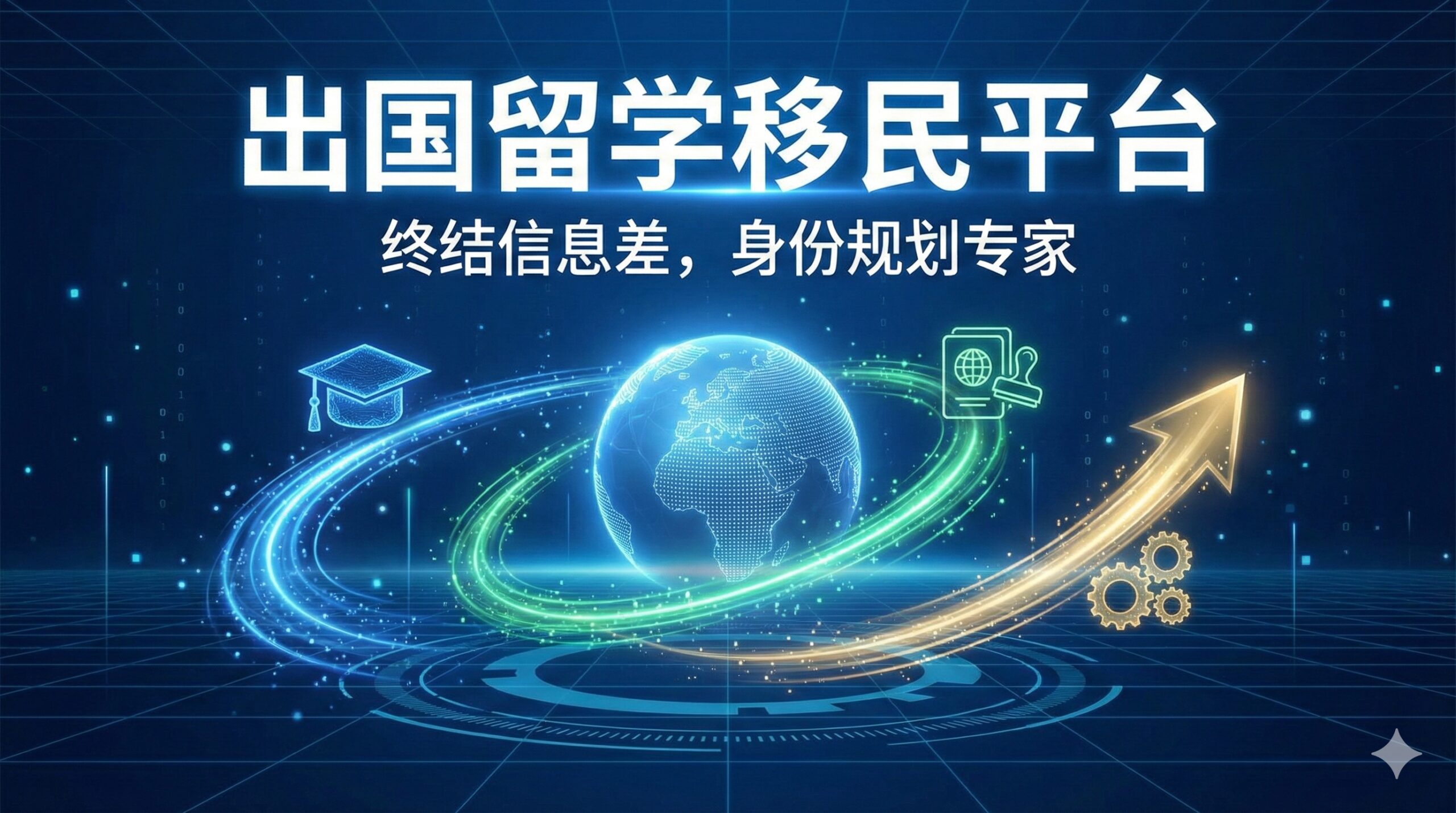 设计一张体现“留学+移民+职业规划”三位一体概念的封面图。主视觉是一个地球仪，但被三条环绕的彩色数据流（蓝、绿、金）连接起来，分别代表“留学学位帽”、“签证护照”、“企业齿轮/上升箭头”。背景是未来感的浅蓝色调和科技网格。构图应居中且有力，强调“终结信息差”和“身份规划专家”的专业、全球化形象。整体风格现代、简洁、高科技感。