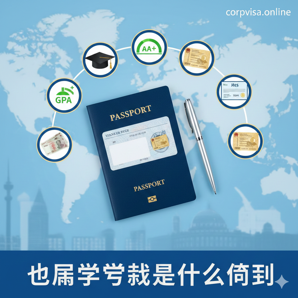 一个富有活力和激励感的留学主题封面图。画面中心是一个打开的护照和一支笔，旁边围绕着代表留学申请核心要素的图标，如：毕业帽、GPA量表、雅思/托福证书、一叠资金钞票和一张签证贴纸。整体采用明亮、国际化的色彩风格（蓝、金、白），体现专业和希望。构图采用俯视角度，聚焦在申请材料上，背景可以是模糊的世界地图或全球学府剪影，强调“全球机遇”和“一站式清单”的主题。