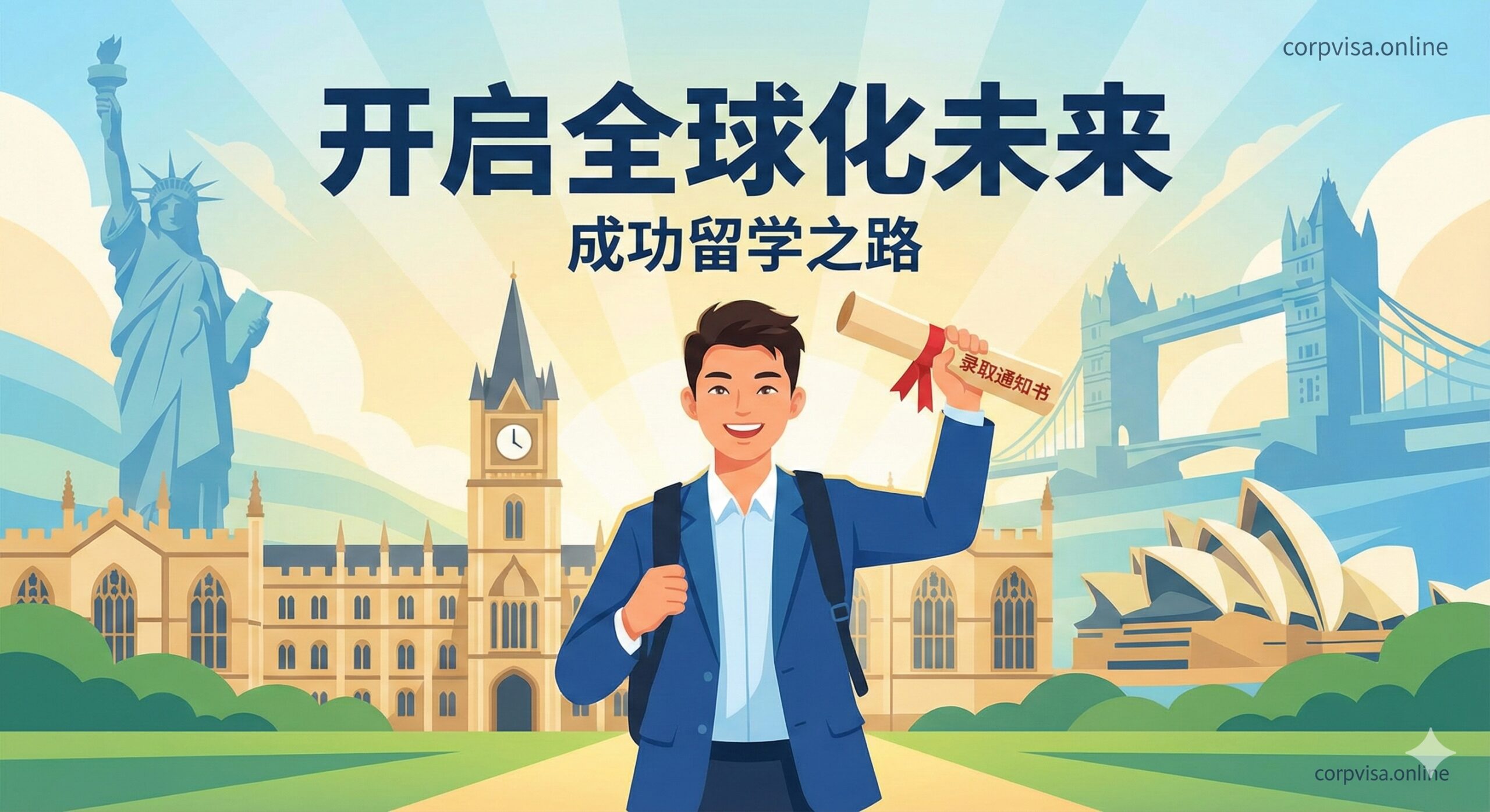 图片主体为一个年轻的、充满活力的亚洲学生（中景），站在一座世界名校（如牛津、哈佛或一座象征性大学建筑的局部）的背景前，手中拿着一份卷起的录取通知书（Offer），面带自信微笑。背景融合了多个代表不同国家的标志性建筑（如自由女神像、伦敦塔桥、悉尼歌剧院的抽象剪影），象征全球化选择。整体色彩明亮、积极向上，风格采用扁平化或微拟物化的现代设计，传达“开启全球化未来”和“成功留学”的主题。构图采用三分法，突出人物和Offer。