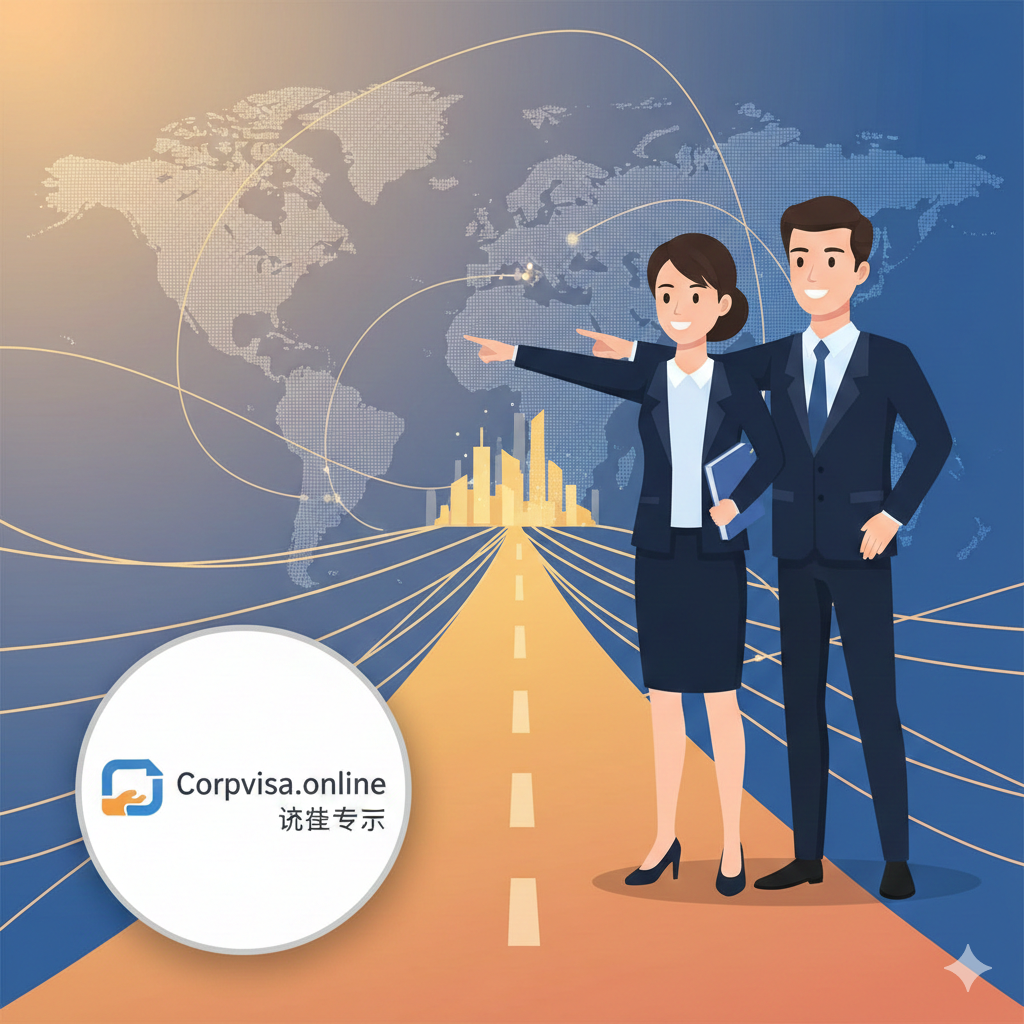 作为文章的总结图，用于“结语”部分，传达“开启你的全球化未来”的积极信息。图片主体应是两个或三个人物（代表Corpvisa的顾问和成功留学的学生），站在一个抽象的、充满动态线条的全球地图背景前，他们正自信地指向远方的光明前景。前景可以是一个放大镜或聚光灯，聚焦于“Corpvisa.online”的Logo或“Visa Expert”字样。整体采用广阔的视野和积极的暖色调（如橙色、黄色和蓝色渐变），营造出目标明确、充满希望和未来的感觉。风格为高质量的矢量插画或扁平化设计，强调专业指导带来光明的未来。