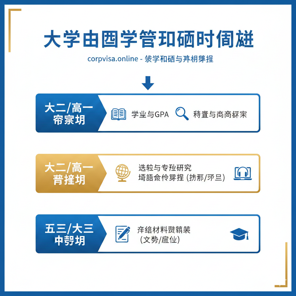 此图用于“留学规划与前期准备”阶段，目的是展示一个清晰的留学时间轴规划。图片应以信息图表（Infographic）的形式呈现，主体为一个清晰的“倒推式”时间线（Timeline），将留学准备过程分为大一/高一（探索期）、大二/高二（准备期）、大三/大三（冲刺期）三个主要阶段。每个阶段配有对应的关键任务小图标：如一本打开的书（GPA）、一个地球仪（选校选专业）、一个耳机/电脑（语言考试准备）和一支笔（申请材料）。整体色彩应使用专业的蓝、白、金色调，线条流程清晰，确保用户能一目了然地理解留学准备的步骤和时间安排。