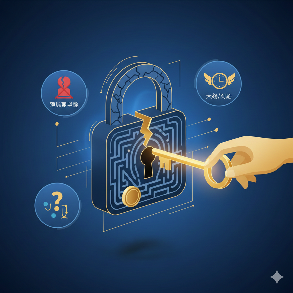 此图用于“签证办理与拒签挽回”章节，突显Corpvisa的“高难度签证通关”核心优势。画面中心是一个难以打开的锁或迷宫（象征高难度签证/拒签），一把由专业人士（Corpvisa Logo或抽象的专业形象）递出的金钥匙正轻松打开它。周围可以有小图标代表复杂情况，如一个破碎的印章（象征拒签再申请）、一个问号和时钟（象征大龄/倒读）。色彩以深蓝色和金色的对比为主，蓝色代表专业和信任，金色代表成功和希望。风格应是现代商务插画，强调“专家解决疑难杂症”的专业服务。