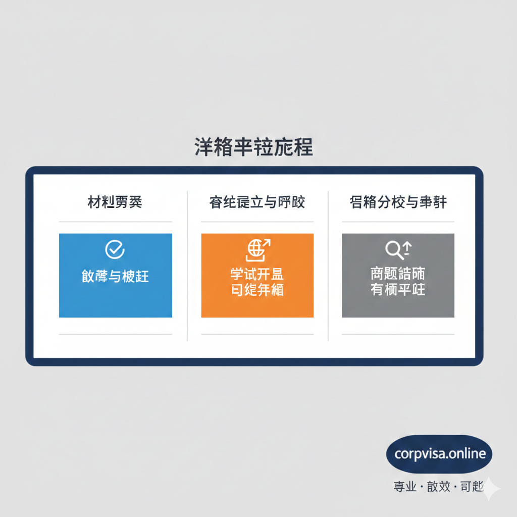 展示corpvisa.online核心签证服务的'功能'图。画面设计为一个简洁、清晰的流程图或看板（Kanban Board），主题为“签证申请（Visa Application）”。图表应包含三个核心步骤：1. 材料预审（Document Pre-check），2. 在线递交与预约（Online Submission & Appointment），3. 拒签分析与申诉（Rejection Analysis & Appeal）。使用专业的蓝色、灰色和橙色强调可靠性和高效性，在底部或角落突出显示“corpvisa.online”的标志，体现其专业性和独家优势。