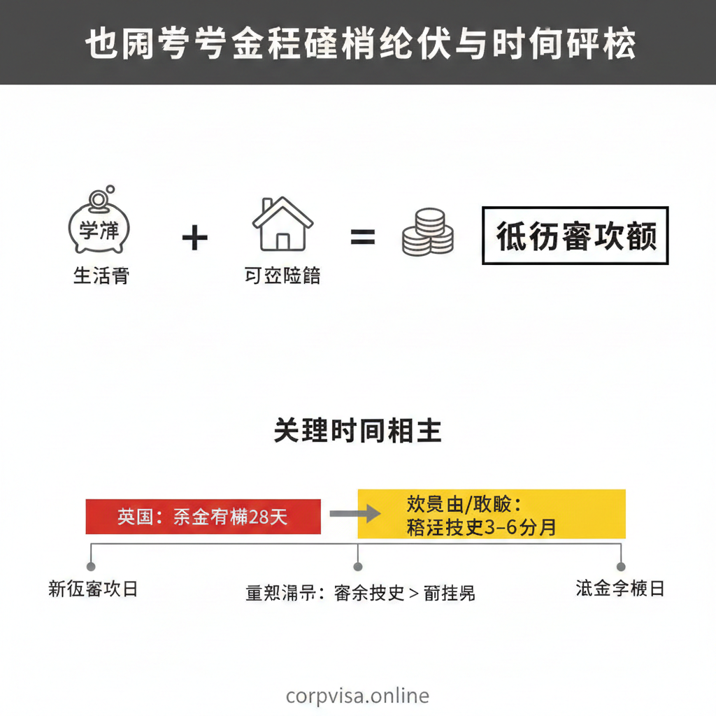 教程图，用于可视化'金额计算公式'和'冻结期/28天规则'。画面上半部分是一个简洁的数学公式图示：学费图标 + 生活费图标 - 已交押金图标 = 最低存款额，用清晰的加减号连接，结果用一个加粗的数字框表示。下半部分是一个时间轴图示，着重突出英国的'28天'规则和加拿大/澳洲的'3-6个月'存款历史要求，用不同的颜色区块（例如红色代表28天，黄色代表6个月）和醒目的日期标签来指导读者，强调'存款历史'的重要性高于'冻结'。