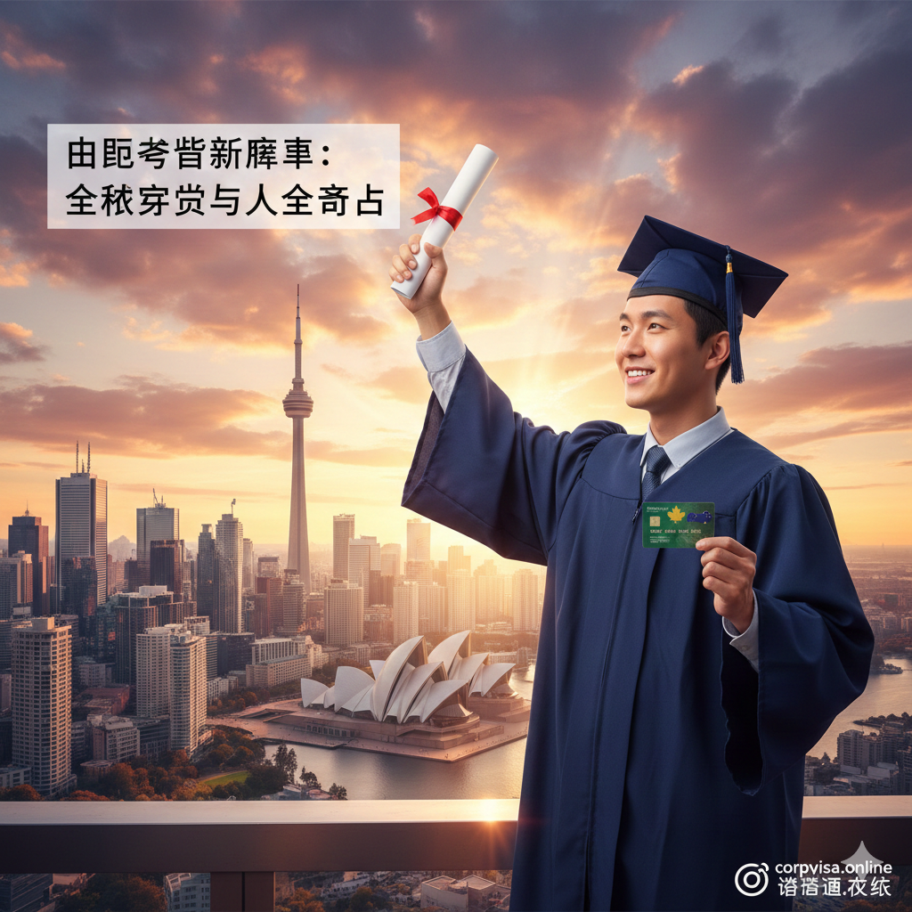 一张充满希望和未来感的总结性图片。画面展示一位身着硕士毕业袍的年轻人，手持毕业证书和绿卡（象征永居身份），自信地站在现代都市的天际线下（融合了多伦多塔、悉尼歌剧院等元素）。天空呈现出绚丽的日出色彩，象征着留学后的广阔前景。构图采用三分法，人物位于右侧展望左侧未来，视觉语言积极向上，呼应文章关于‘留学是新生活方式起点’的结论。