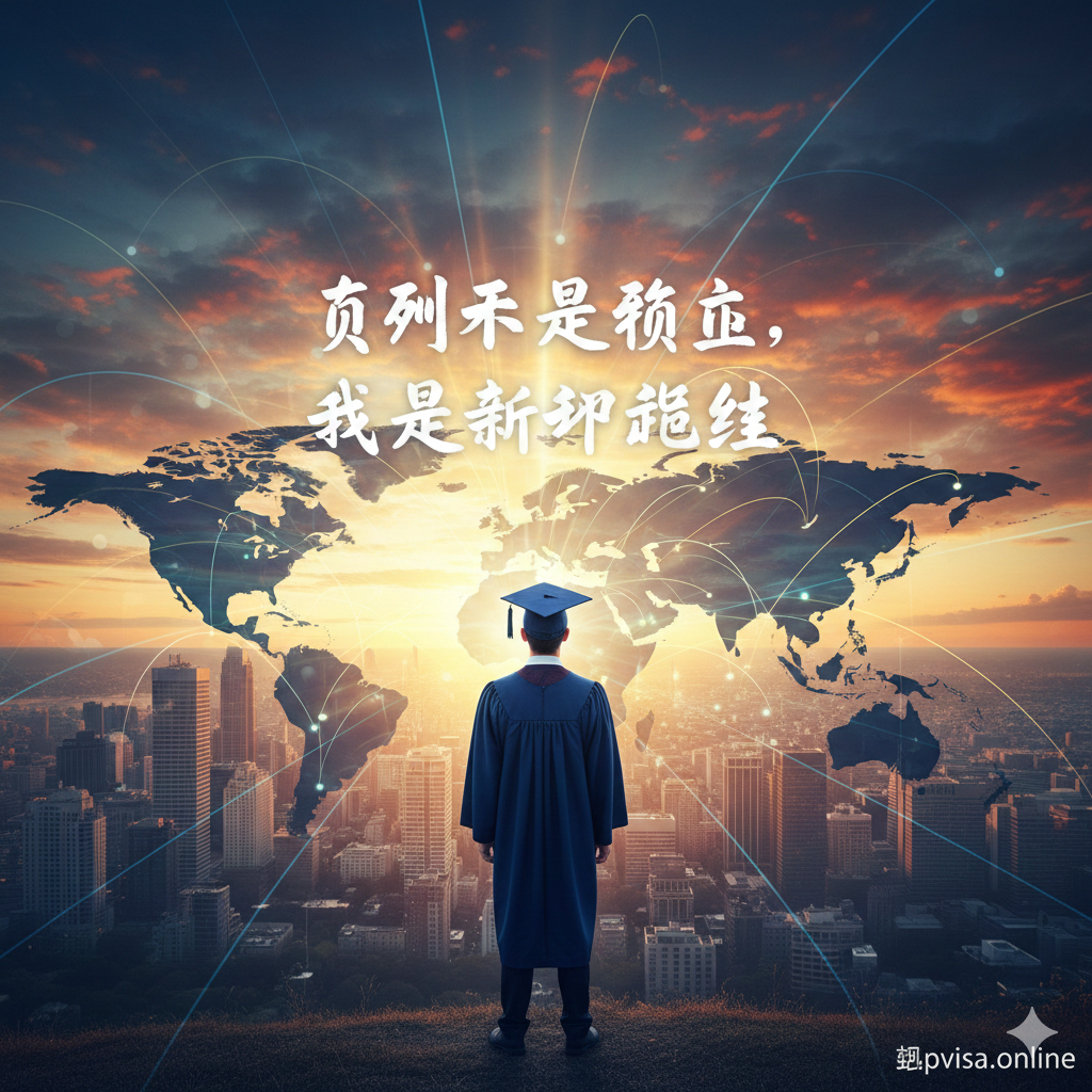 充满希望和未来感的总结性图片。画面展示一位身穿学位服的毕业生背影，面向广阔的城市天际线或世界地图剪影。背景中融入了连接全球的线条网络，象征PSW工签带来的国际就业机会。天空呈现日出景象，寓意'考研不是终点，而是新起跑线'。整体构图大气开阔，色彩鲜艳且充满活力，激发用户立即行动、开启留学新篇章的愿望。