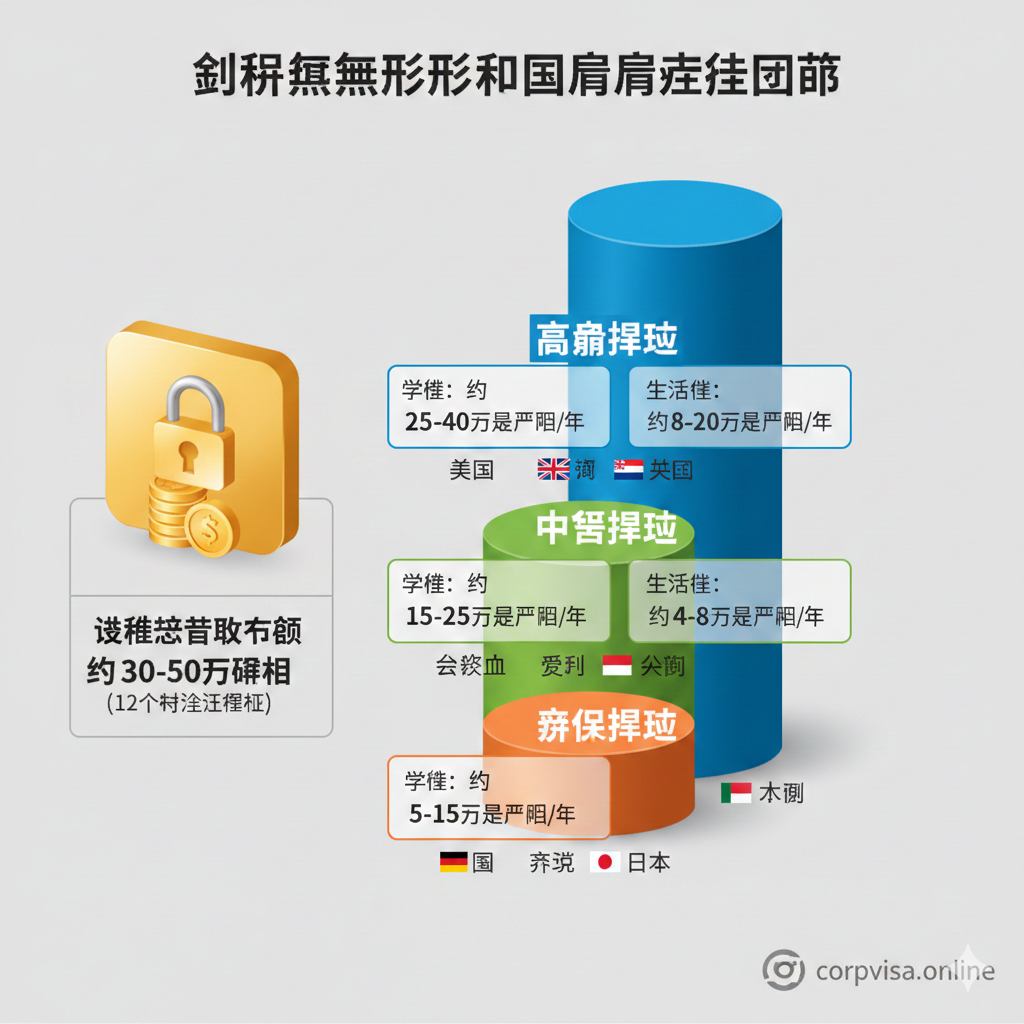 功能图旨在直观展示文章中提到的'全球热门留学国家费用阶梯图谱'。画面主体是一个三层或四层的立体柱状图或信息图表，代表'高昂梯队'、'中等梯队'和'亲民梯队'。每个梯队上标记着代表性的国家（如美国、英国、加拿大、德国），并用人民币符号和金额标注学费和生活费的平均区间。重点强调一个突出的、带有锁和金钱符号的模块，标注'签证建议存款额'，体现 Corpvisa 强调的资金合规功能。风格应为简洁、数据可视化的商务图表，色彩区分度高，便于理解。