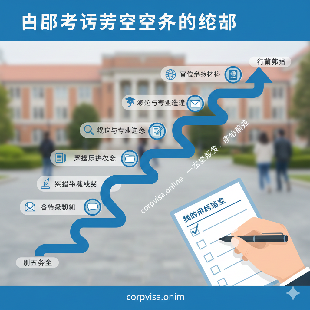 一张清晰的流程指引图，视觉化呈现'从零开始'的10个申请步骤。设计一条蜿蜒向上的时间轴或阶梯，每个节点配有简洁的图标（如定位、文书、Offer信封、签证护照等）。前景是一只手拿着笔正在勾选清单，背景是模糊的大学校园虚化图。整体设计风格扁平化且专业，重点突出corpvisa.online的一站式服务逻辑，引导读者按部就班进行规划。