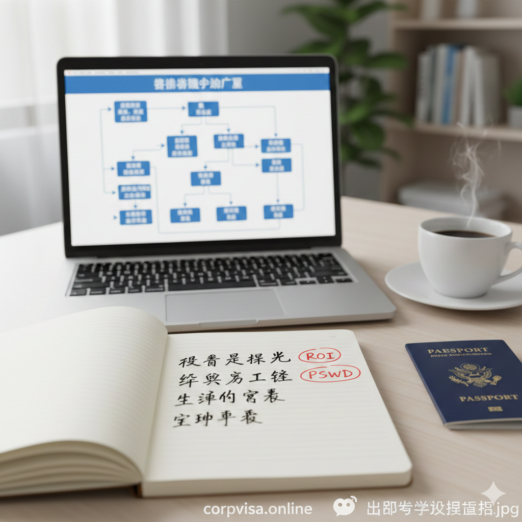 一张高精度的实景摄影图，展示桌面视角的留学规划场景。桌面上放着一台打开的笔记本电脑，屏幕显示着复杂的签证申请流程图，旁边是一本打开的笔记，上面手写着‘ROI’（投资回报率）、‘PSWV’（工签）等关键词，并被红笔圈出。旁边还有一杯咖啡和一本护照。光线为柔和的自然光，景深较浅，焦点在手写的笔记上，营造出深度思考和理性规划的氛围，引导读者进入决策教程环节。