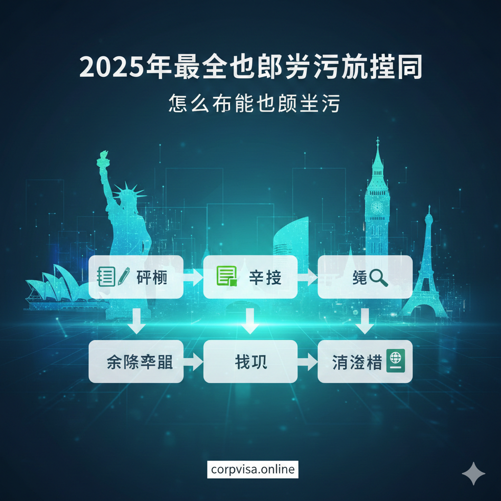 一个富有活力和希望的封面图，主题为“2025年最全出国留学流程图”。画面中央是一个简洁清晰、带有箭头和图标的流程图（六个核心步骤），象征着从起点到终点的留学路径。背景融合了多个世界地标的剪影（如自由女神像、大本钟、悉尼歌剧院），采用明亮、科技感强的蓝绿色调。主视觉应突出“规划”、“申请”、“签证”这三个关键阶段的图标。整体风格现代、专业，给人以清晰指引的感觉。