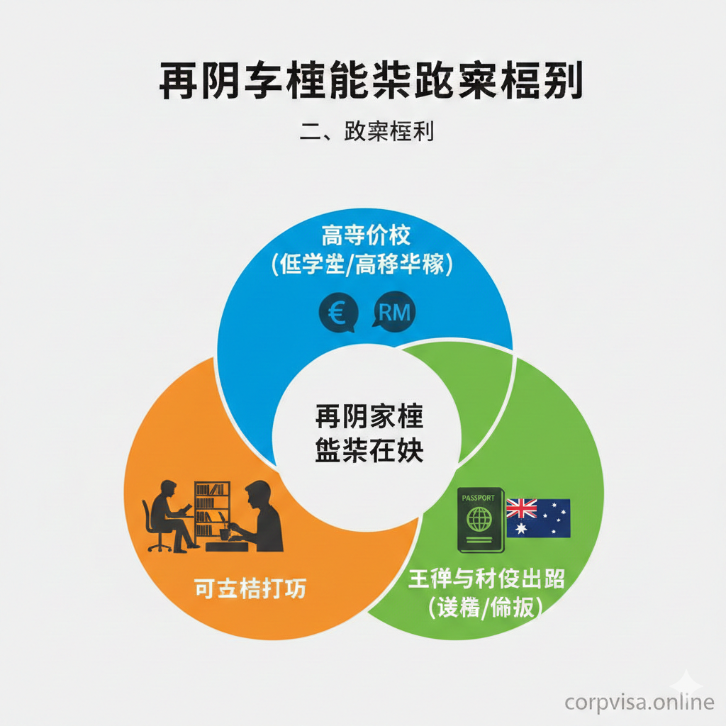 展示普通家庭留学决策模型的“功能”图。图片核心是一个三元环形图（或流程图），清晰标示出普通家庭选择留学目的地的三大核心要素。三个圆环分别代表：1. 高性价比（低学费/高奖学金），配有欧元或马来西亚令吉符号；2. 可合法打工，配有学生在图书馆和兼职场所的剪影；3. 就业与身份出路（签证/移民），配有护照和枫叶或澳洲国旗符号。色彩应使用对比鲜明的颜色（如蓝、橙、绿）来区分三个要素，增强专业感和可读性，对应文章“二、决策模型”。