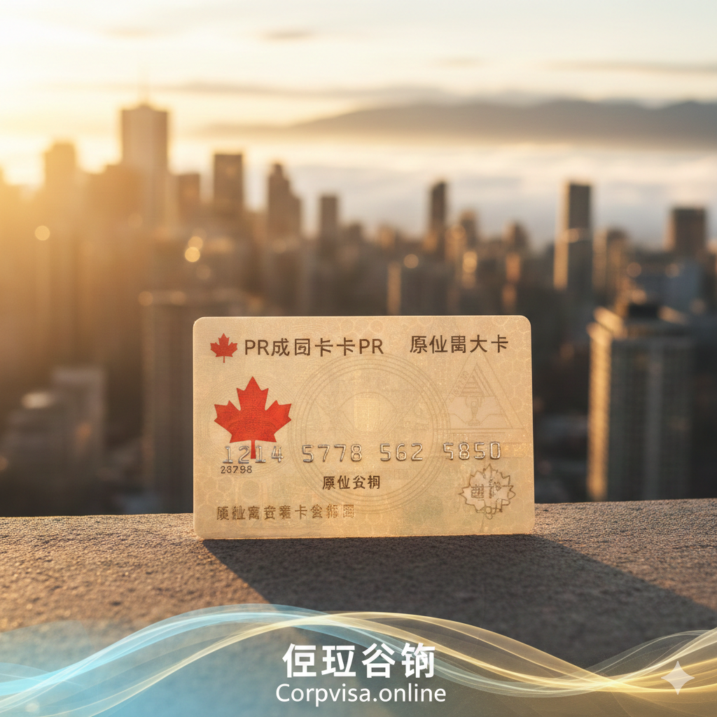 作为文章的总结和行动召唤。图片主视觉是一个被温暖阳光照亮的加拿大城市天际线，前景是成功获取的枫叶卡（Permanent Resident Card），卡片上印有清晰的枫叶标志。整体风格光明、积极，象征着通过留学成功实现移民的未来。构图采用景深效果，突出枫叶卡和加拿大身份的终极目标。下方可以有“立即咨询 Corpvisa”的抽象引导元素，鼓励用户采取行动。