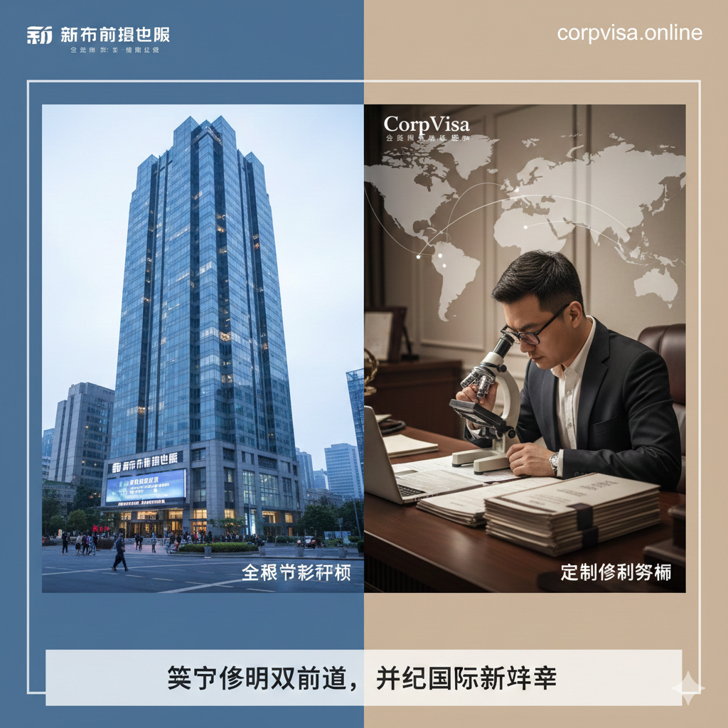 一张极具对比性的分屏构图图片。画面左侧展示一座宏大、繁忙的现代化写字楼，象征新东方前途出国留学的大规模与标准化服务，色调偏冷且充满商业气息；画面右侧则展示一间温馨、专注的高端私人事务所，一位专业的移民顾问正在通过显微镜仔细审阅复杂的签证材料，象征CorpVisa的精细化与定制化服务。背景融合了世界地图的轮廓，光线明亮清晰，整体风格专业、客观，引导用户进行对比思考。