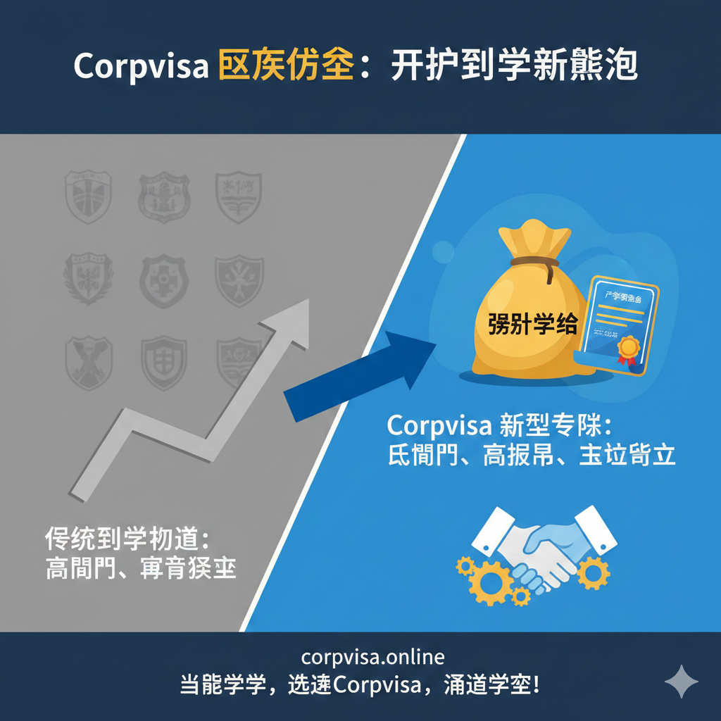 一张突出Corpvisa独家优势和蓝海机会的对比图。画面左侧为传统留学通道（用灰色、常规的学校标志象征），右侧为Corpvisa独家提供的'新型专班'和'产学奖助金'机会（用鲜亮、突出的蓝色和金色象征）。右侧的元素应包括一个硕大的'GRANT/奖助金'钱袋或证书图标，以及一个与企业合作的握手或齿轮图标，强调'低门槛、高回报、就业导向'。构图采用对比或分屏形式，用箭头从左侧指向右侧，直观展示Corpvisa服务的独特价值和竞争优势。