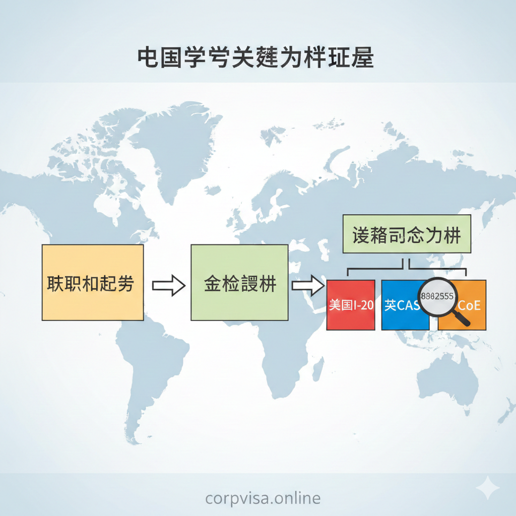 此图用于展示“从拿到Offer到换取签证核心文件”的关键功能或阶段。图片中心是一个流程图或清单的视觉化呈现，用箭头连接三个关键节点：'Offer Letter'（学校录取信）、'Funding Proof'（资金证明）、'I-20/CAS/CoE'（各国签证资格文件）。色彩采用亮色块区分不同国家/文件类型（例如，红色代表美国I-20，蓝色代表英国CAS），以清晰、模块化的设计风格呈现，强调流程的严谨性与关键文件的不可或缺性。元素应包含一个放大镜聚焦在CAS电子号码上，体现细节的重要性。