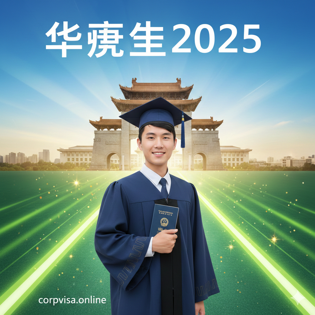 图片应以“华侨出国留学”为主题，强调“绿色通道”和“名校”的概念。主视觉是一个穿着学士服的亚洲学生，手持一个带有“Passport”字样的护照或居留卡，站在一条由绿色的光线汇聚而成的跑道上，跑道的尽头是具有东方古典风格的大学校门（如清华大学或北京大学的标志性建筑）。整体风格应是明亮、积极的，色彩以绿色、金色和蓝色为主，体现希望与精英教育。构图上，跑道应有透视感，将视线引向远方的名校。图片上方可以有“华侨生2025”的微弱叠加文字。