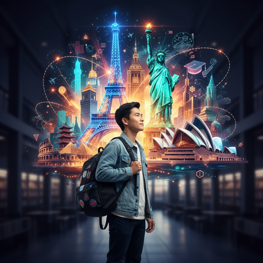 一位充满希望的学生展望全球著名地标