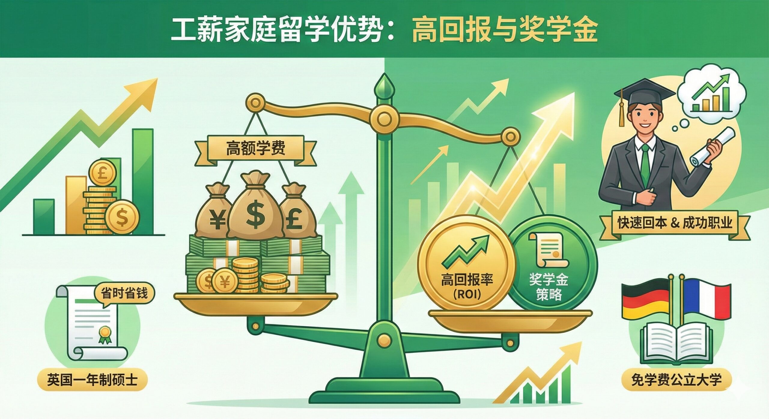 用于文章第五部分'工薪家庭如何实现留学梦？'。此图应强调'高投资回报率（ROI）'和'奖学金策略'。画面中心是一个天平，一端是标有美元/英镑符号的大额学费，另一端是标有'ROI'和'Scholarship'的奖牌和上升箭头。箭头指向一个职业装扮的毕业生形象，象征快速回本和成功。整体色调明亮，使用绿色和金色，代表投资和回报。旁边配有小图标，如英国一年制硕士的文凭和德国/法国免学费的旗帜，突出高性价比的优势。