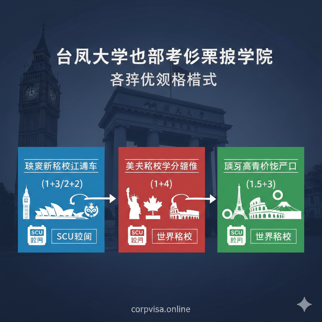 功能图片，聚焦于文章第三部分“热门招生项目详解与合作院校”中提到的多样化留学模式。采用信息图（Infographic）风格，将“英澳新名校直通车(1+3/2+2)”、“北美名校学分豁免(1+4)”和“欧亚高性价比项目(1.5+3)”三种模式以并列的方块或圆圈展示。每个模式配以相应国家的标志性建筑剪影（如伦敦大本钟、悉尼歌剧院、美国自由女神像），并用箭头指示从SCU校门到国外大学的流程。色彩应清晰区分不同区域项目，传达项目多样性和对接院校的广度。