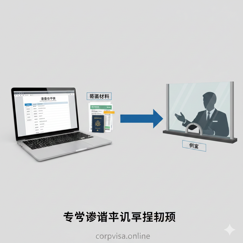 展示签证准备与面试场景的教程类图片。画面左侧是一台笔记本电脑，屏幕显示着'DS-160'或'Visa Application'的在线表格界面；画面右侧是一个模拟的签证面试窗口视角，玻璃后有一位穿着制服的签证官剪影。中间用箭头或连线连接，象征从填表到面签的流程。图片风格现代简约，重点突出'Visa Interview'和'Documents'的概念，帮助用户直观理解签证环节的英文语境和流程。