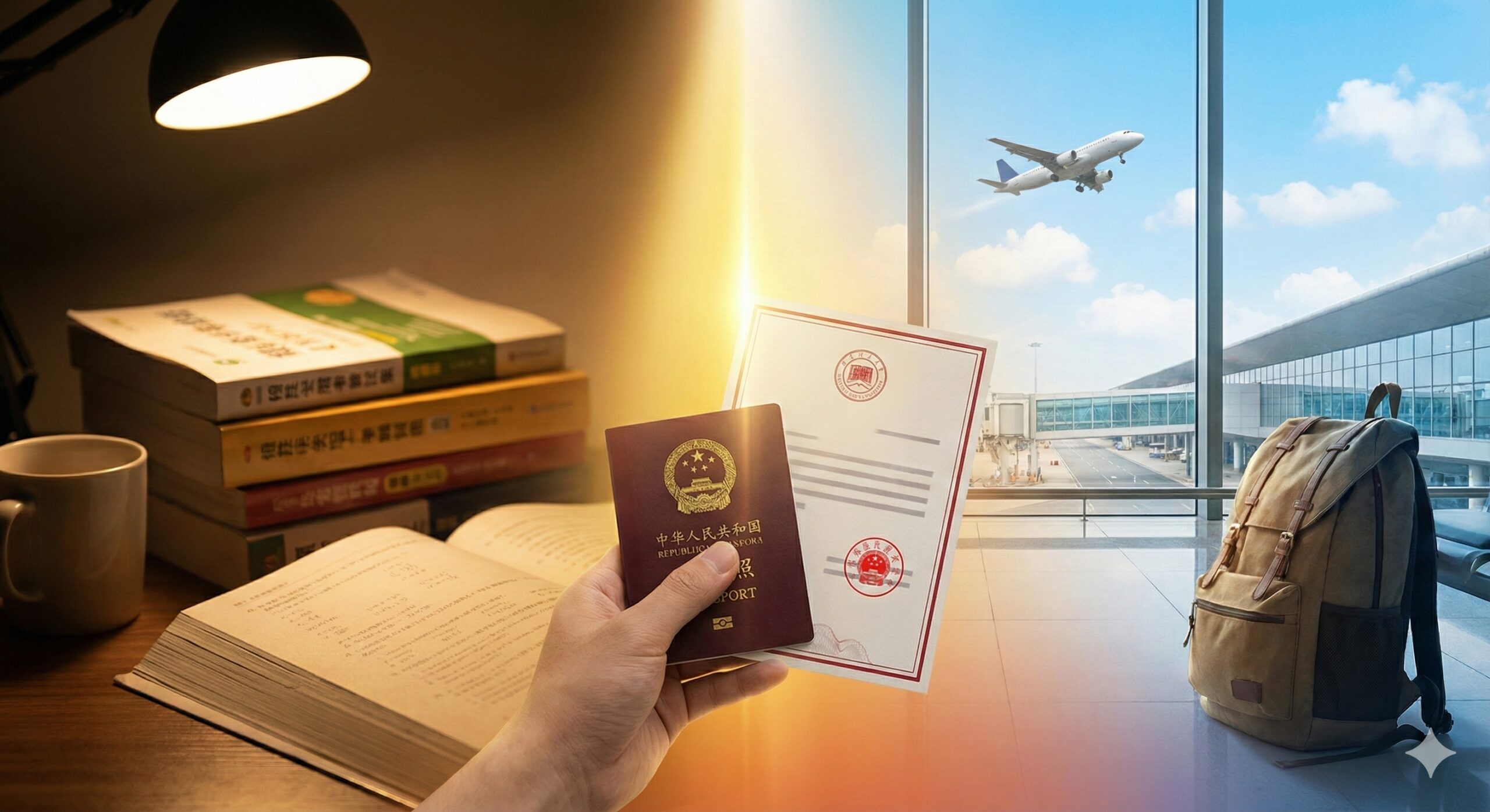 一张富有情感张力的高清摄影图，展示人生岔路口的抉择时刻。画面左侧是虚化的考研复习资料、厚重的书本和一盏台灯，略显压抑和焦虑；画面右侧则是明亮的国际机场航站楼、护照以及起飞的飞机，象征自由与新机遇。中间通过一道光束自然过渡，寓意从国内考研转向出国留学的'黄金决策期'。色调从左侧的暖黄暗光过渡到右侧的清爽蓝天白云，视觉焦点集中在前景的一张手持护照和录取通知书上。
