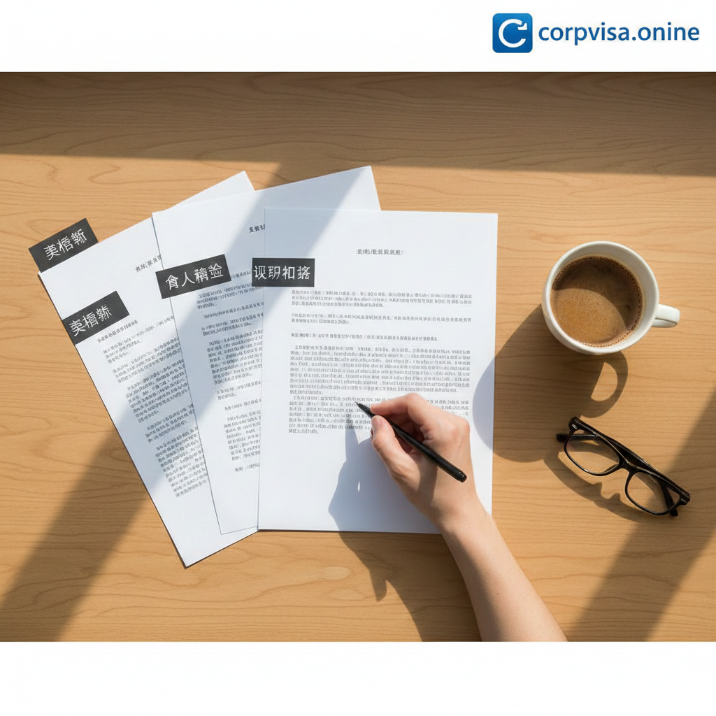 特写镜头展示一张整洁的木质书桌，桌面上整齐摆放着几份关键的留学申请文件。文件标题清晰可见英文术语，分别标注为'Transcript'（成绩单）、'Personal Statement'（个人陈述）和'Offer Letter'（录取通知书）。一只手握着钢笔正在文件上做记号，旁边放着一杯咖啡和一副眼镜。构图采用俯拍视角，光线清晰明亮，旨在具象化展示文章中提到的核心申请文书术语，强调准备材料的严谨性。