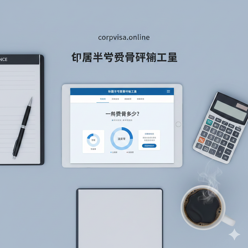 一个整洁工作空间的俯视平铺照片，专为财务规划而设计。焦点是一个显示“留学预算计算器”界面的数字平板电脑。
