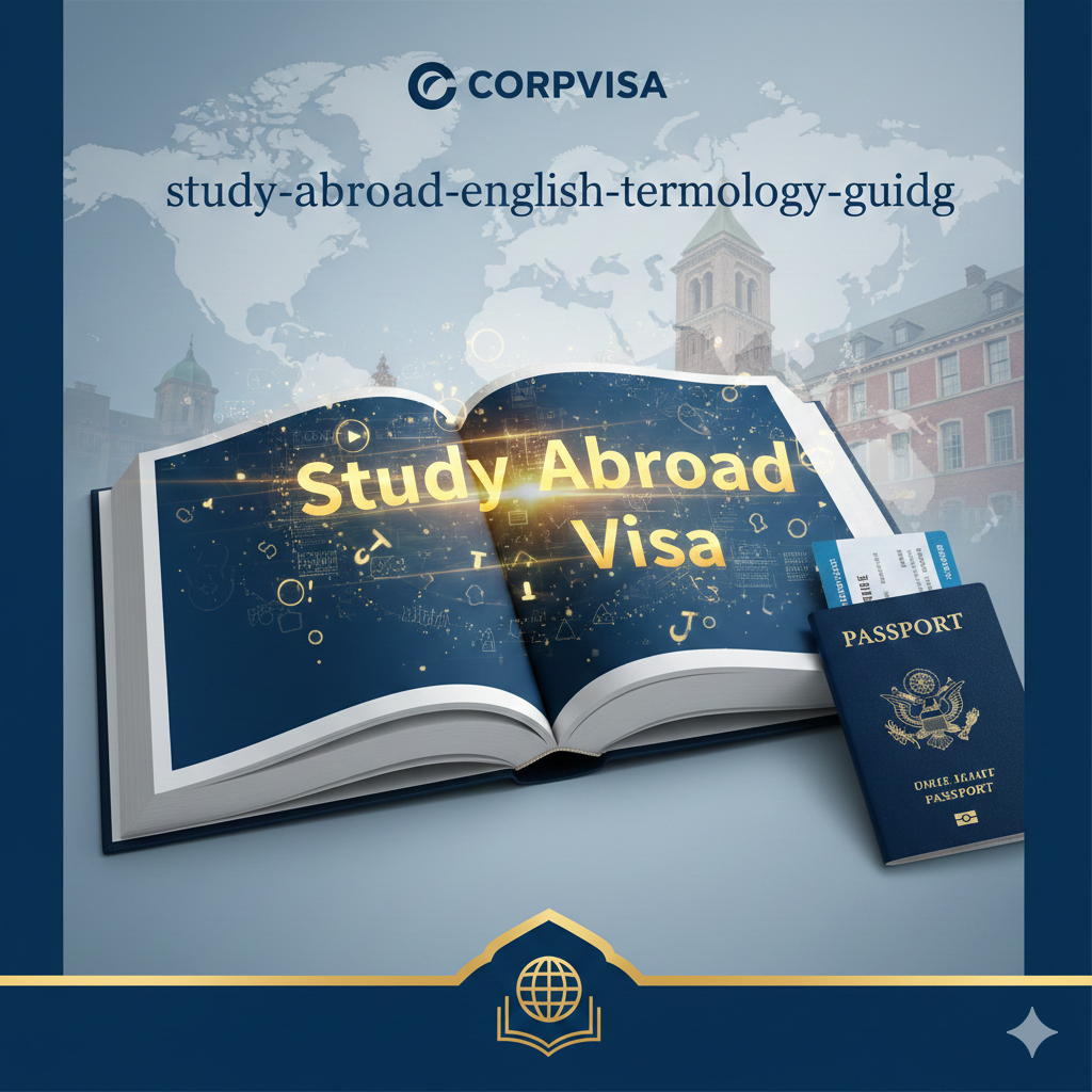一张极具专业感的文章封面图，视觉中心是一本打开的精装词典或指南书，书页上高亮显示着'Study Abroad'和'Visa'等英文关键词。背景融合了世界地图的轮廓和模糊的欧美大学标志性建筑（如钟楼或红砖墙），象征着通往世界的门户。画面右侧放置一本深蓝色的护照和一张机票，色彩搭配以Corpvisa品牌的深蓝色和像征学术的金黄色为主，光线明亮柔和，传递出权威、专业且充满希望的留学愿景。