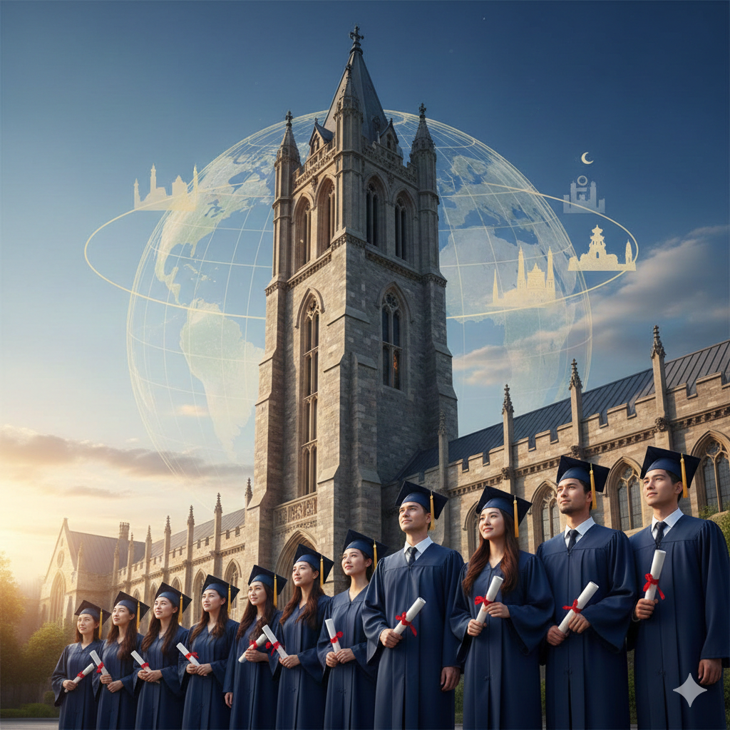 一张宏大且具有启发性的封面图，展示一群身着硕士学士服的毕业生站在具有历史感的欧美大学标志性建筑前（如哥特式塔楼或常春藤盟校风格）。背景是清澈的蓝天和温暖的晨光，象征着光明的未来和国际化的视野。画面中融入微妙的地球经纬线元素，连接东方与西方，寓意跨越国界的教育旅程。色调以专业深蓝搭配尊贵金色，整体构图大气，中心位置留有适当空白以便叠加文章标题。