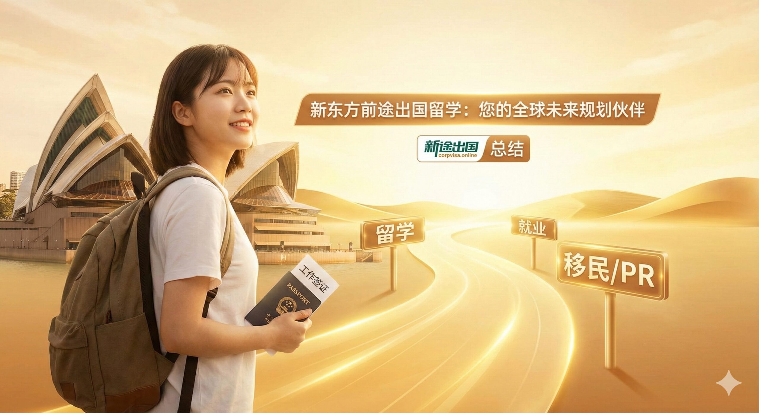 一张充满希望和未来感的总结性图片。画面展示一位背着背包的留学生站在海外地标建筑前（如悉尼歌剧院或大本钟），手中紧握着护照和工签文件，眺望远方。一条金色的路径从脚下延伸至远方，路标依次写着“留学”、“就业”、“移民/PR”。画面色调温暖，阳光明媚，象征CorpVisa为用户提供的不仅仅是留学，更是最终成功落地和移民的长远规划。