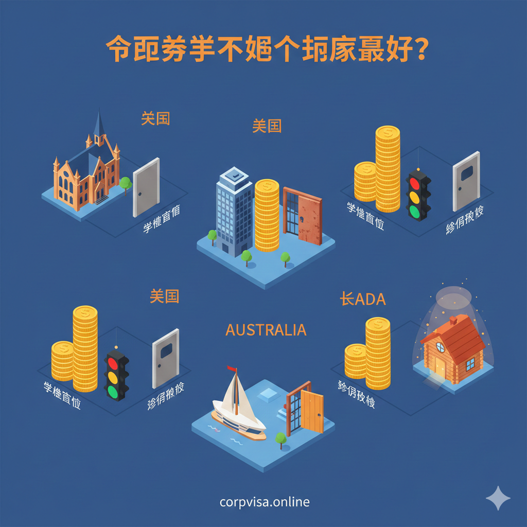 一张清晰的轴测图（Isometric）风格插画，用于视觉化对比。画面中有四座风格迥异的微缩建筑代表英、美、澳、加四国，每座建筑旁都有对应的可视化数据柱，分别显示‘学费成本’（金币堆叠高度）、‘签证难度’（红绿信号灯）和‘移民机会’（敞开或关闭的大门）。加拿大板块被温馨的金色光芒照亮，暗示其政策友好。整体色调为商务蓝搭配活力橙，风格扁平化且精致，适合用作文章的核心对比配图。