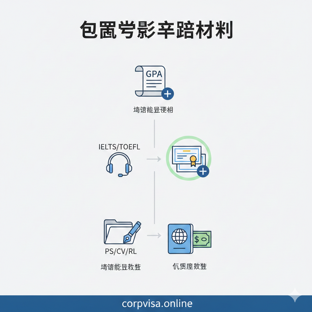 一张关于留学申请必备材料的功能图。采用扁平化或简洁的立体设计风格，色彩干净、专业。画面中心是一个清晰流程图或清单的图标化展示。主要元素包括：一个带有'GPA'的成绩单图标、一个带有'IELTS/TOEFL'的耳机和证书图标、一支钢笔和一份带有'PS/CV/RL'字样的文书文件夹图标、以及一张护照和一张写着大额数字的资金证明。构图应将这些图标以清单或模块形式整齐排列，突出'材料准备与要求'这一核心功能，特别是强调语言成绩（雅思/托福）和高质量文书的重要性。