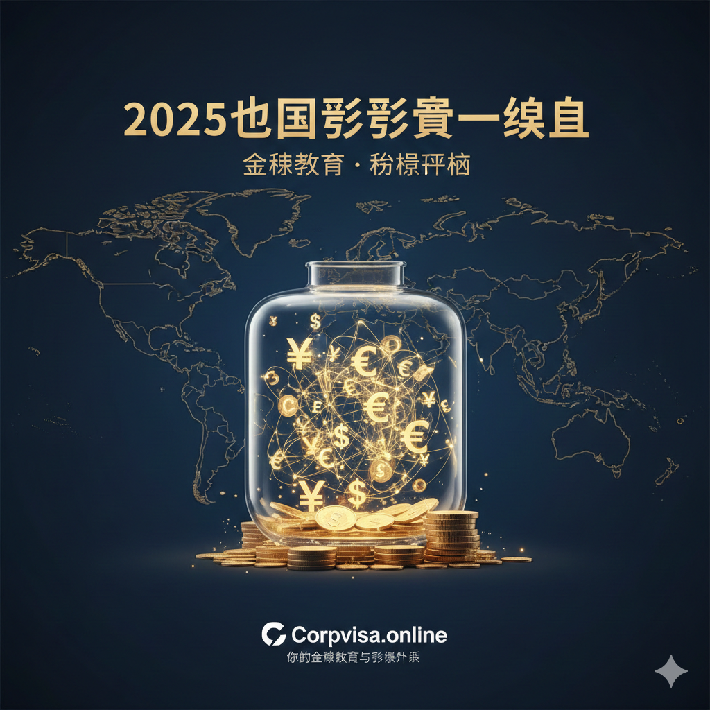 一张醒目的封面图，主题为'2025出国留学费用一览表'。主视觉应包含一个透明的玻璃储蓄罐，里面装着不同国家的货币符号（美元、英镑、欧元、澳元、加元、日元），象征留学预算。背景是世界地图的抽象线条，突出全球性。色彩采用深蓝和金色，营造专业、权威和值得信赖的金融咨询感。构图居中，上方有标题文字，下方有'Corpvisa.online'的专业logo。整体风格是现代、金融科技感的。