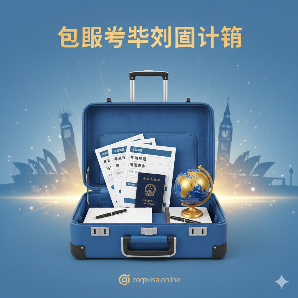 设计一张富有希望和国际感的封面图。主体是一个打开的行李箱，箱内装有护照、一叠印有“GPA”、“IELTS/TOEFL”、“VISA”字样的文件，以及一个地球仪模型。背景是虚化的世界各地标志性建筑（如自由女神像、伦敦大本钟、悉尼歌剧院的剪影）。整体色调明亮、积极，使用蓝色和金色突出主题。构图清晰，象征着准备就绪，开启留学之旅。