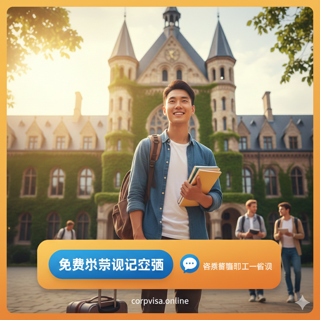 总结图用于回顾全文并引导用户进行“下一步行动”。图片应是一个光明的未来场景，例如一位年轻人在国外著名大学的校园里自信地微笑着，背景是该大学的标志性建筑，象征留学成功。下方应有一个醒目的大按钮或一个咨询对话框的图标，引导用户点击“免费留学资格评估”或“资深顾问一对一咨询”。整体风格积极向上，色调温暖、鼓舞人心，强调行动的即时性和留学带来的光明前景。