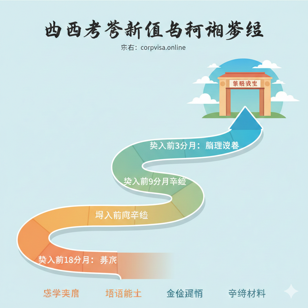 一张时间轴或日历的插画，作为“时间与费用规划”和“总结”部分的配图。画面以一条蜿蜒或螺旋向上的时间轴为主线，标记着留学申请的关键时间节点：如“入学前18个月：备考”、“入学前9个月：递交申请”、“入学前3个月：办理签证”。色彩渐变，给人一种有计划、循序渐进的感觉。末尾指向一个终点——大学校门，象征成功抵达目的地。