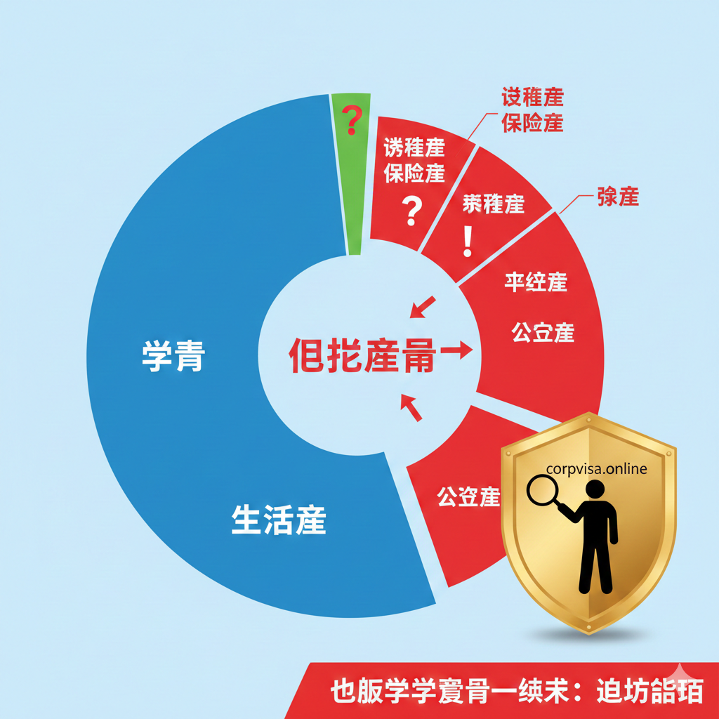 优势图聚焦于文章中强调的'看不见的开销：隐形费用与避坑指南'。画面核心是一个被切割成多份的圆形图或饼状图，其中最大的部分代表学费和生活费，而许多小而重要的部分（如签证费、保险费、申请费、公证费）被特别标出，并用问号和感叹号强调其“隐形”属性。旁边放置一个盾牌或一个拿着放大镜的人物的剪影，象征 Corpvisa 帮助客户规避风险、发现隐藏费用的专业优势。色彩对比鲜明，以红色警示区突出被忽视的隐形费用。