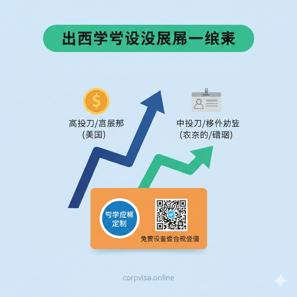 总结图旨在展示留学投资回报率（ROI）并引导用户行动。主视觉是两条向上延伸的曲线或箭头，一条代表高投入/高回报（如美国），一条代表中投入/身份优势（如加拿大/德国）。在曲线的终点，分别用美元符号和永久居留卡符号标记结果。下方应有一个醒目的CTA区域，包含一个点击按钮的图标和二维码/链接占位符，文字突出'留学方案定制'和'免费签证资金合规评估'，直接呼应文章的行动号召。整体风格应是积极向上、充满希望的商务插画。