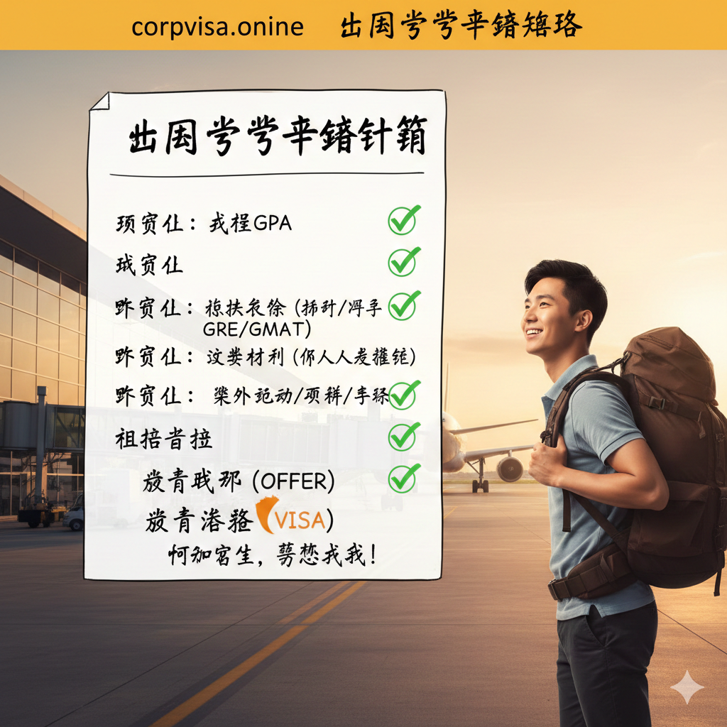 总结和激励作用的图片，重点突出留学申请成功的两大支柱：硬实力（成绩、标化）和软实力（文书、经历）以及最终目标（Offer + Visa）。画面中央是一个清单（Checklist），其中“Offer”和“Visa”被重点勾选。背景是一个年轻学生背着行囊，自信地望向远方国际机场的意象。图片风格积极向上，采用暖色调和清晰的线条，传达出“规划完整，梦想成真”的总结信息。