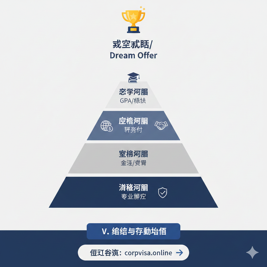 总结留学成功所需四个维度的金字塔或四方格结构图，作为文章总结部分（V. 总结与行动指南）的视觉锚点。四个维度分别为：学术条件（GPA/标化）、背景条件（软实力）、经济条件（资金/费用）和签证条件（专业办理）。每个维度都配上对应的微小图标。金字塔顶端是“成功留学/Dream Offer”。整体色彩稳重可靠（深蓝、浅灰），强调系统性和专业性，最终导向CTA，暗示corpvisa.online在签证环节提供最后保障。