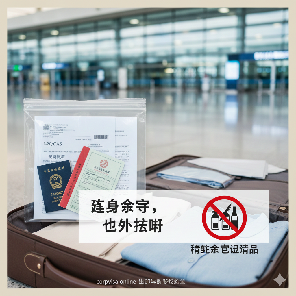 此图用于总结“出境与入境手续”的关键点，作为文章的结尾总结图。画面展示一个整洁的透明文件袋，里面装有核心文件：护照、I-20/CAS打印件、红黄本（体检和疫苗）。文件袋旁边是一个打开的行李箱，里面只露出少量衣物，但上方有一张海关申报单或一个禁止携带违禁品的图标。构图聚焦于文件的安全性和便捷性，强调“随身携带，不要托运”。整体风格简洁、实用，使用中性色调，传递出顺利、安心通关的期待。