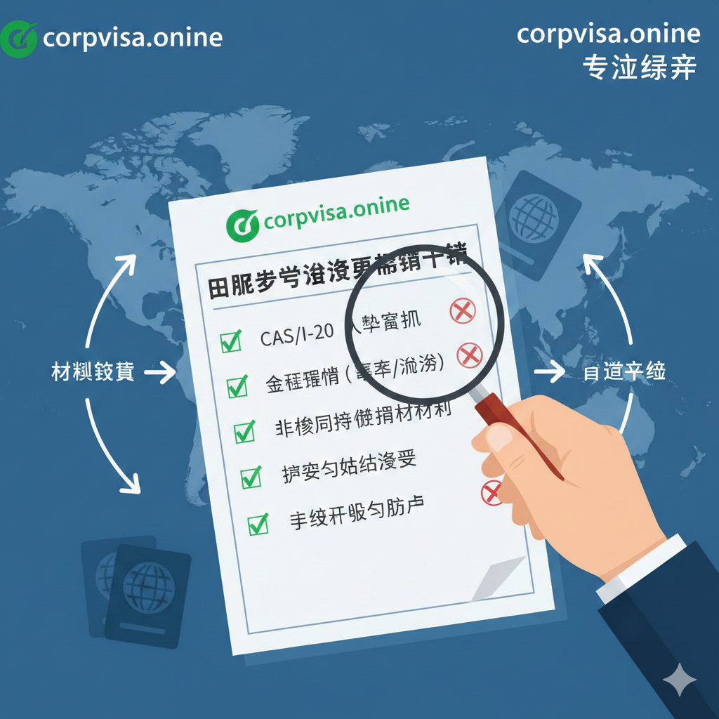 一张强调签证准备和流程的教程指导图，呼应文章中独家专业解析（高转化区）。画面中心是一个手持带有corpvisa.online标志的放大镜，正在仔细检查一份签证申请清单（Checklist）。清单内容包括：CAS/I-20、资金证明、体检报告和非移民倾向证明等关键要素。图画风格应专业、细致，使用象征“通过”的绿色和“仔细审查”的红色，体现签证环节的严谨性。构图应有步骤感，指导用户进行材料准备。