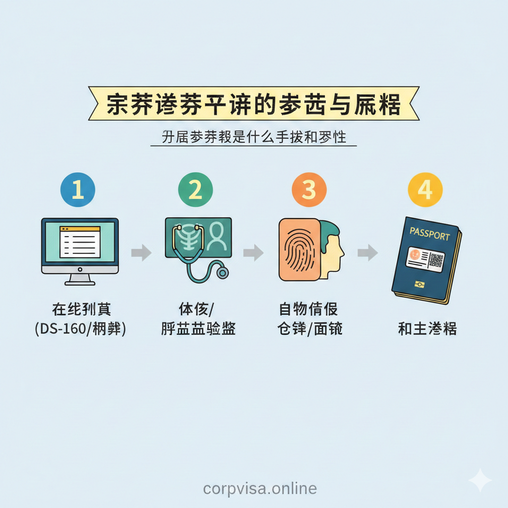 此图用于展示“留学签证申请的步骤与流程”，对应文章中的第三阶段。采用手绘风格或扁平化图标设计，描绘一个分步指南：第一步是“在线填表 (DS-160/网申)”（电脑图标），第二步是“体检/肺结核检测”（听诊器图标），第三步是“生物信息采集/面签”（指纹或人像图标），第四步是“拿到签证”（护照打开）。构图从左到右线性排列，使用醒目的数字1-4引导用户视线，整体色调明快，提升教程的可操作性和易读性。