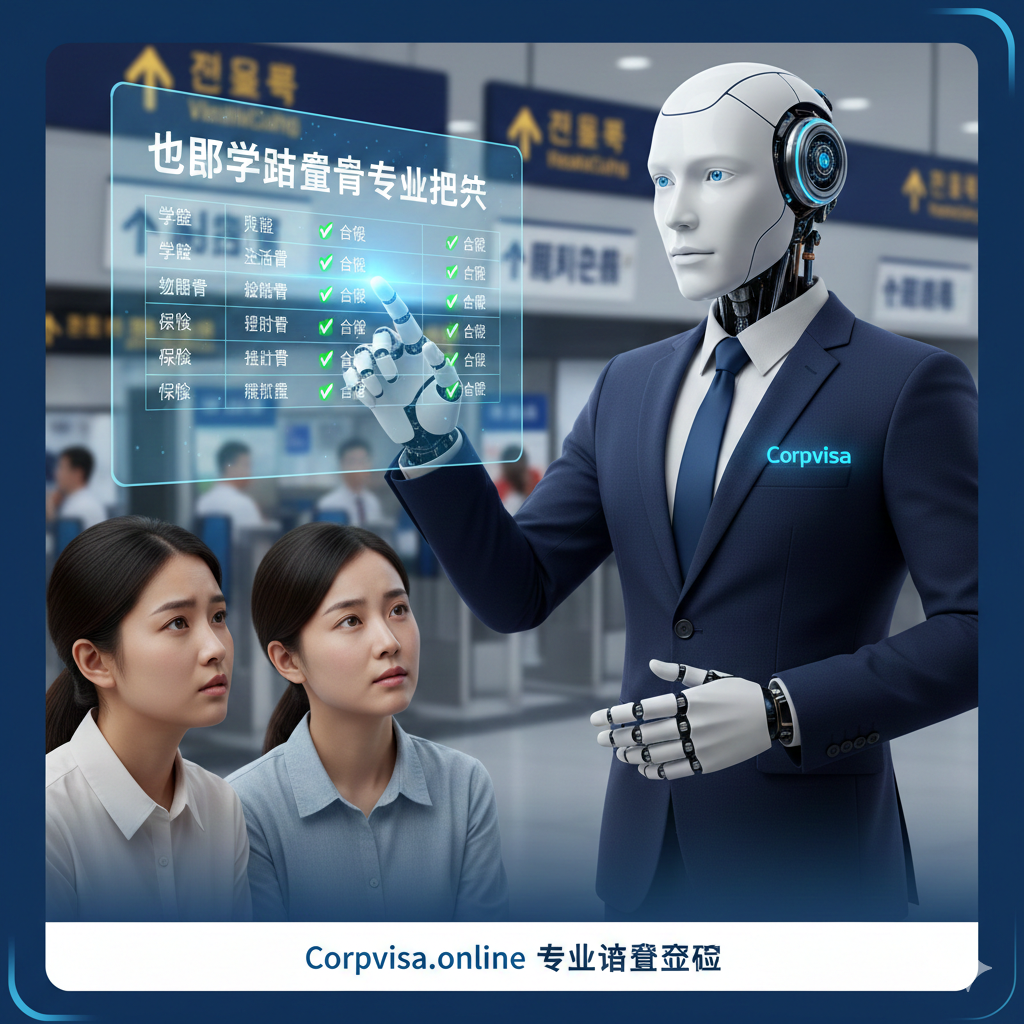 用于文章结语和品牌行动呼吁。图片应为一个专业、信任感强的场景。画面主体是一位穿着商务装的专业顾问（可抽象为一个智能机器人或一个带着Corpvisa标志的图标），正在用手指着一份详细的财务合规清单，与前景中焦虑的家长/学生进行沟通。背景是模糊的各国签证大厅或海关。风格应是现代、数字化的，使用'安全'和'信任'的蓝色调，突出'专业把关资金合规性'的服务承诺，强化Corpvisa.online的专业签证评估角色。